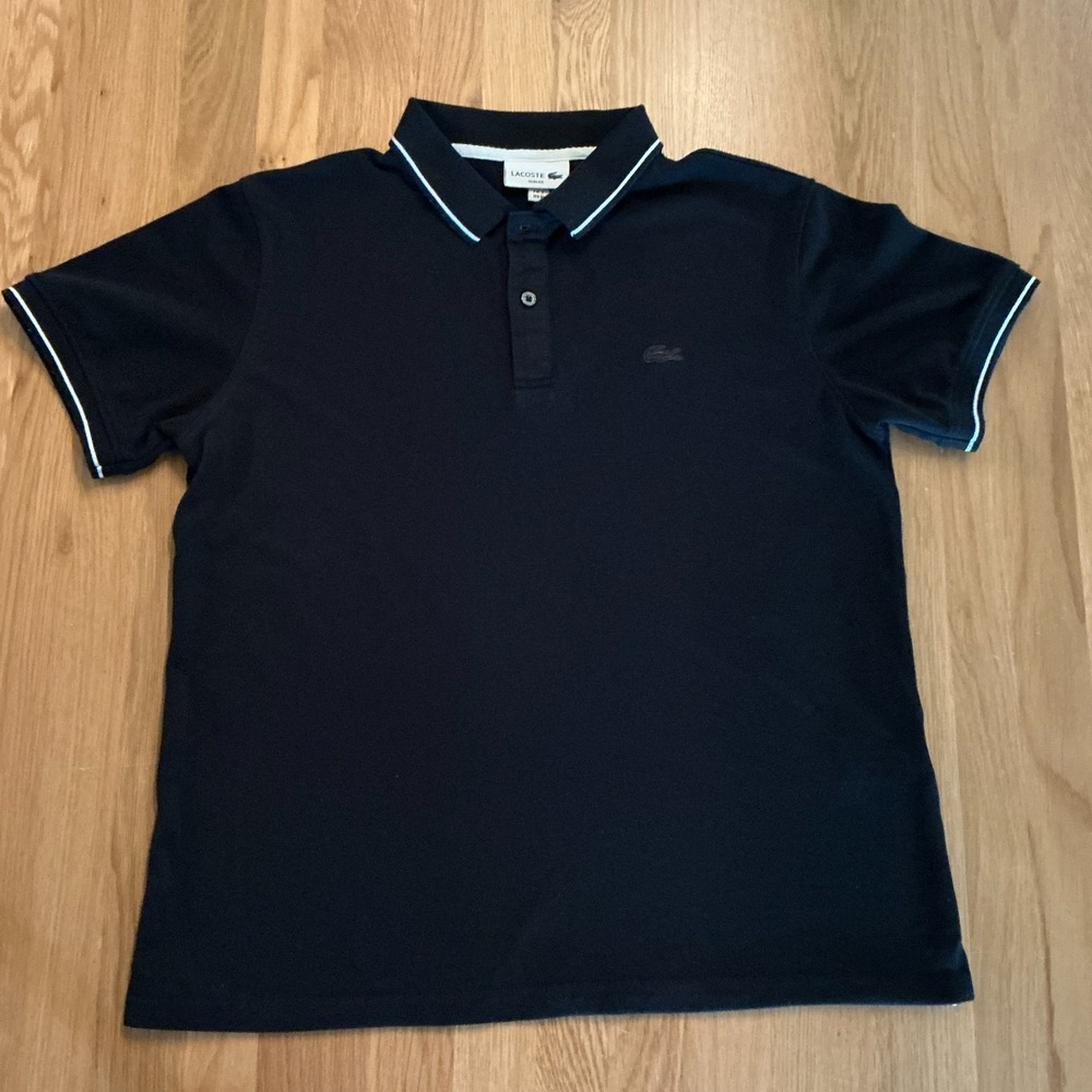 Lacoste Slim Fit Black Polo Shirt Mens XL FR 7 Tipped Collar Croc Logo Preppy